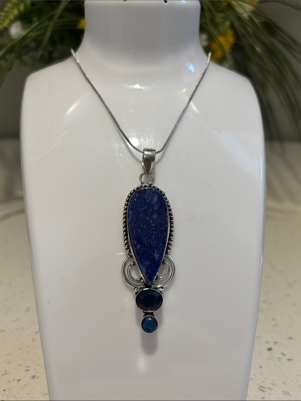 Sterling Silver Lapis Lazuli & Tanzanite Teardrop Pendant Necklace